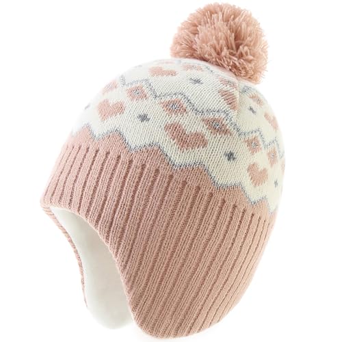 AHAHA Wintermütze Mädchen Kinder Beanie Earflap Pompon Baby Strickmütze Mädchen Rosa Heart 53CM von AHAHA