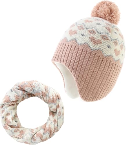 AHAHA Wintermütze Mädchen Kinder Beanie Earflap Pompon Baby Strickmütze Mädchen Rosa Heart Set 53CM von AHAHA