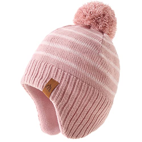 AHAHA Wintermütze Mädchen Kinder Beanie Earflap Pompon Baby Strickmütze Mädchen Rosa Stripe 53CM von AHAHA
