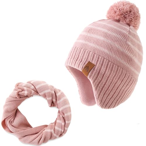 AHAHA Wintermütze Mädchen Kinder Beanie Earflap Pompon Baby Strickmütze Mädchen Rosa Stripe ST 51CM von AHAHA