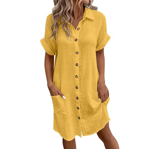 AHAKLO Blusenkleid Damen Lang Knopfleiste Musselin Kleid mit Taschen, V-Ausschnitt Hemdblusenkleid Knielang Sommerkleider Leicht Leinenkleid Frauen Freizeitkleid von AHAKLO