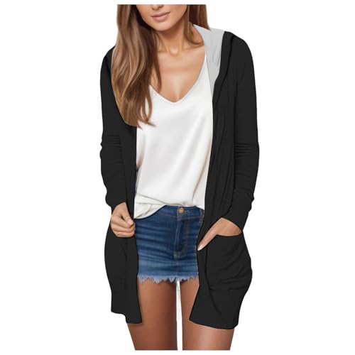 AHAKLO Strickjacke Damen Lang Mit Kapuze Offene Vorderseite Damen Cardigan Lang Leichte Strickmantel Lang Damen Mit Taschen Elegant Freizeitjacke Fallen Mantel Damen Elegant Damen Strickjacke Lang von AHAKLO