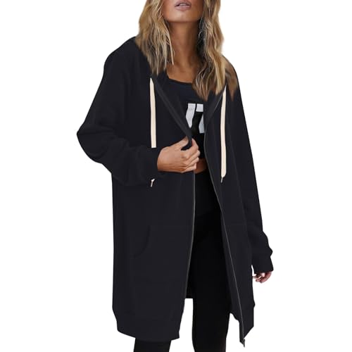 AHAKLO Sweatshirt Jacke Damen Lang Reißverschluss Sweatshirtjacke Damen Lässige Sweatjacke Damen Oversize Kapuzenpullover Für Damen Mit Taschen Damen Sportjacke Lang Herbstmantel Damen von AHAKLO