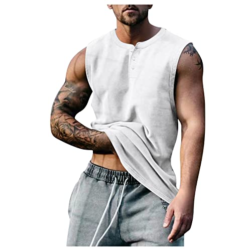 AHAKLO Tanktops Herren Sommer Baumwolle Rundhals Ärmellos Weste T-Shirt mit Knopfleiste Einfarbig Gym Workout Sportweste Schnelltrocknendes Atmungsaktive Leichtes Hawaii Strandweste Leinenhemd von AHAKLO