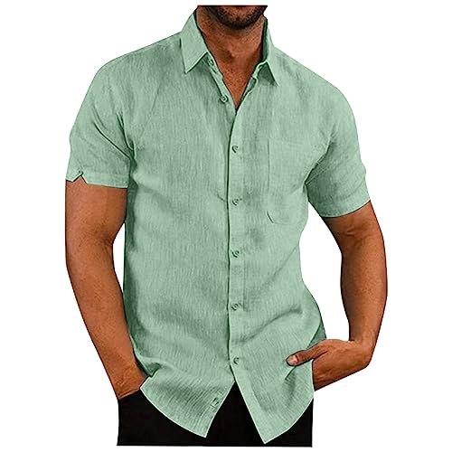 Hemd Herren Sommer Baumwolle und Leinen Shirts Revers Kurzarm Button-Down Hawaii Hemd Männer Leichtes Atmungsaktiv Leinenhemd Trachtenhemd Regular Fit Casual Einfarbige Funktionsshirt Arbeitshemd von AHAKLO