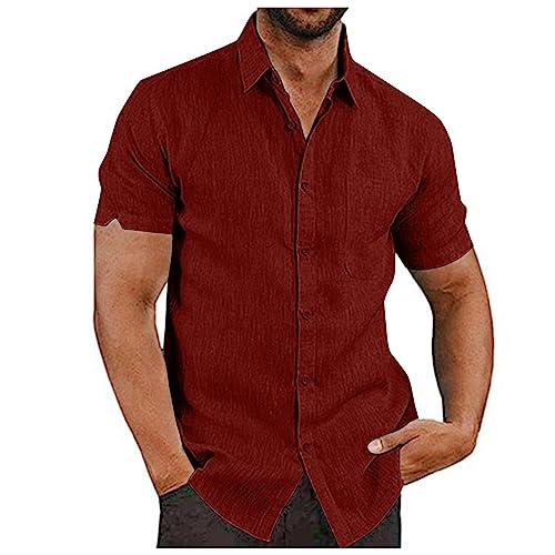 Hemd Herren Sommer Baumwolle und Leinen Shirts Revers Kurzarm Button-Down Hawaii Hemd Männer Leichtes Atmungsaktiv Leinenhemd Trachtenhemd Regular Fit Casual Einfarbige Funktionsshirt Arbeitshemd von AHAKLO