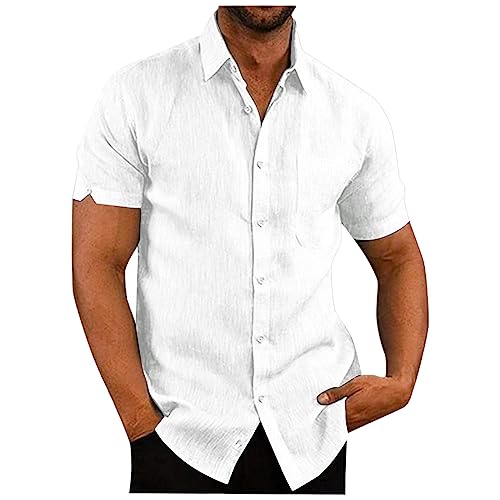 Hemd Herren Sommer Baumwolle und Leinen Shirts Revers Kurzarm Button-Down Hawaii Hemd Männer Leichtes Atmungsaktiv Leinenhemd Trachtenhemd Regular Fit Casual Einfarbige Funktionsshirt Arbeitshemd von AHAKLO