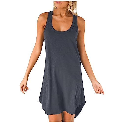 Sommerkleid Damen Strandkleid Einfarbig Ärmelloses U-Ausschnitt Tanktop Minikleider A-Linie Plissiertes Geraffter Saum Kleid Casual Loose Camisole-Kleid Weste Partykleid Prinzessin Kleider von AHAKLO