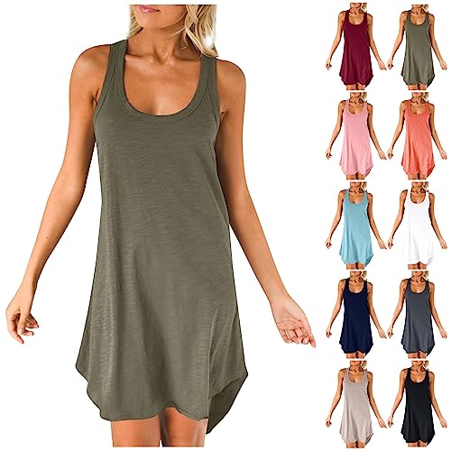 Sommerkleid Damen Strandkleid Einfarbig Ärmelloses U-Ausschnitt Tanktop Minikleider A-Linie Plissiertes Geraffter Saum Kleid Casual Loose Camisole-Kleid Weste Partykleid Prinzessin Kleider von AHAKLO