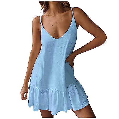 Sommerkleid Damen Strandkleid Sexy V-Ausschnitt Verstellbarer Schultergurt Ärmellos Boho Minikleider A-Linie Plissiertes Geraffter Saum Kleid Casual Loose Camisole-Kleid Partykleid Prinzessin Kleid von AHAKLO