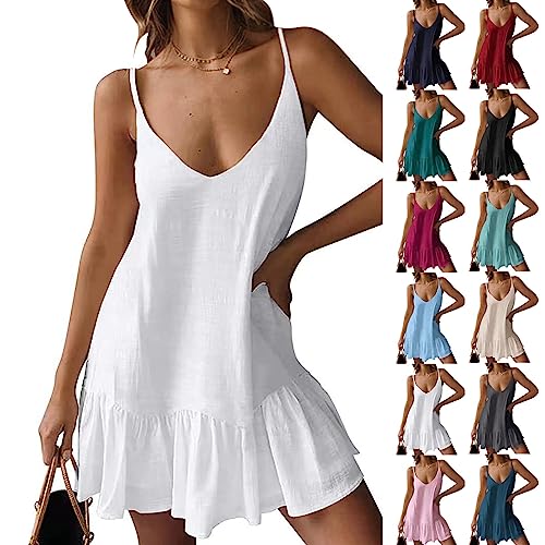 Sommerkleid Damen Strandkleid Sexy V-Ausschnitt Verstellbarer Schultergurt Ärmellos Boho Minikleider A-Linie Plissiertes Geraffter Saum Kleid Casual Loose Camisole-Kleid Partykleid Prinzessin Kleid von AHAKLO