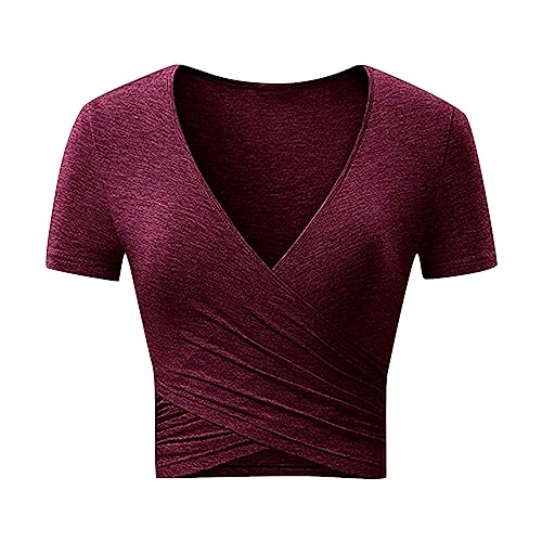 T-Shirt Damen Sommer V-Ausschnitt Crossover-Wickeltop Langarm Slim Fit Yoga Tshirts Einfarbig Cropped Tops Kurzarm Gym Sports Kleidung Regular Fit Atmungsaktive Sweatshirt Eng Kurzes Oberteil von AHAKLO