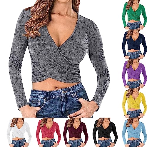 T-Shirt Damen Sommer V-Ausschnitt Crossover-Wickeltop Langarm Slim Fit Yoga Tshirts Einfarbig Cropped Tops Kurzarm Gym Sports Kleidung Regular Fit Atmungsaktive Sweatshirt Eng Kurzes Oberteil von AHAKLO