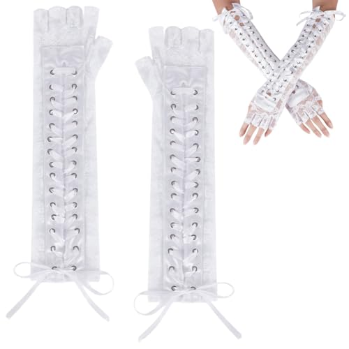 AHANDMAKER 1 Paar Fingerlose Handschuhe Zum Schnüren Weiße Lange Ellenbogenhandschuhe Gothic Punk Spitzen Armwärmer Handschuhe Armstulpen Aus Spitze Für Damen Hochzeit Braut Tanz Kostümparty von AHANDMAKER