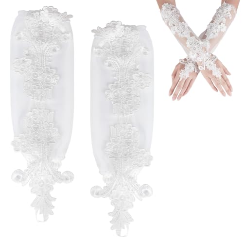 AHANDMAKER 1 Paar Fingerlose Handschuhe Zum Schnüren Weiße Lange Ellenbogenhandschuhe Vintage Spitzenarmhandschuhe Armstulpen Aus Spitze Für Damen Hochzeit Braut Tanz Oper Abschlussball Kostümparty von AHANDMAKER