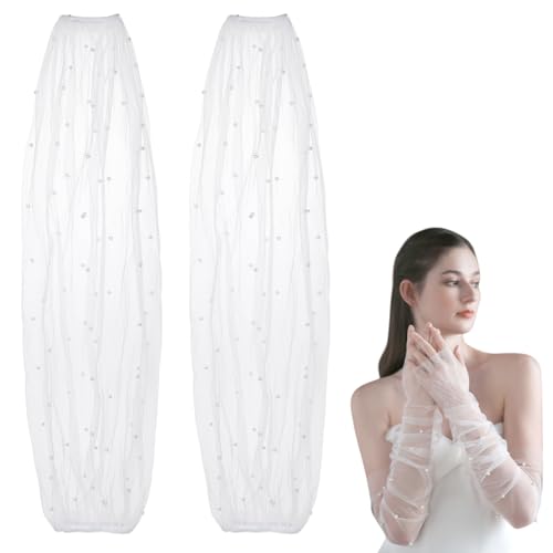 AHANDMAKER 1 Paar Lange Hochzeitshandschuhe Aus Tüll Weiße Perlen Armstulpen Abnehmbare Mesh Puffärmel Fingerlose Handschuhe Für Damen Hochzeitskleid Abschlussball Opern Mottoparty von AHANDMAKER