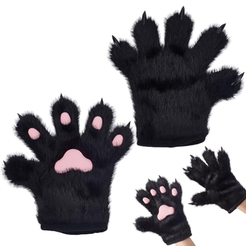 AHANDMAKER 1 Paar Pelzige Katzenkrallenhandschuhe Wolfspfotenhandschuhe Kunstpelz Fäustlinge Mit Katzenpfotenabdruck Für Cosplay Kostüm Halloween Ausgefallene Party Kostümzubehör Schwarz von AHANDMAKER