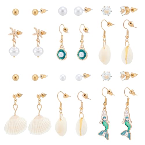 AHANDMAKER 12 Paar Ohrring Set Mit Ozean Motiv 10 Stile Sommermode Strass Strand Ohrringe Meerjungfrauen-Seestern-Ohrringe Muschel Perle Conch Modeschmuck Für Damen Im Alltag von AHANDMAKER