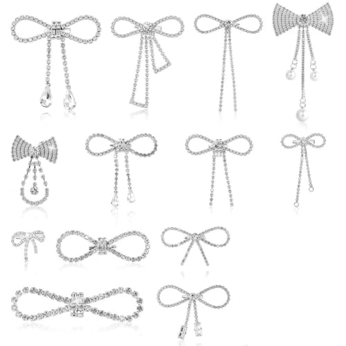 AHANDMAKER 13 Stück Brosche Mit Glitzernder Strass Schleife In 13 Stilen Silberne Schleifenbrosche Mit Glitzerperlen Und Kristallen Schleifen Anstecknadeln Set Für Damen Alltag Partys Hochzeiten von AHANDMAKER