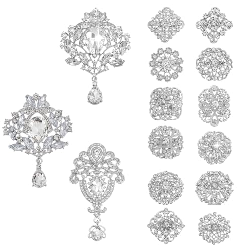 AHANDMAKER 15 Stück Kristallbroschen 15 Stile Strass Blume Raute Und Oval Broschennadeln Glänzende Anstecknadeln Zur Verzierung von Hochzeitssträußen Silbern Silberfarbig von AHANDMAKER