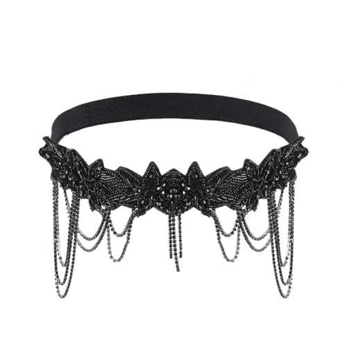 AHANDMAKER 1920s Flapper Kopfbedeckung Brüllend Elastische Stirnbänder Mit Strass Und Blumenmuster Baumelnde Perlen Kopfkette Schmuck Für Frauen Vintage Haar Accessoire von AHANDMAKER