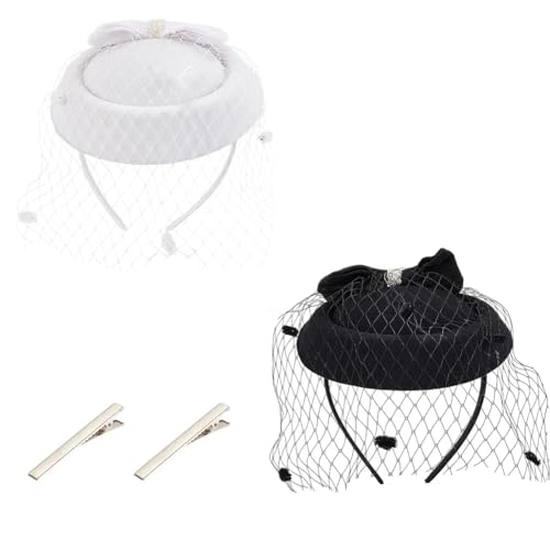 AHANDMAKER 2 Set Fascinator Hut Für Damen Teeparty Hüte Flapper Kopfbedeckung 20er Und 50er Hut Pillbox Hut Mit Schleier Für Hochzeit Karneval Cocktail Schwarz Und Weiß von AHANDMAKER