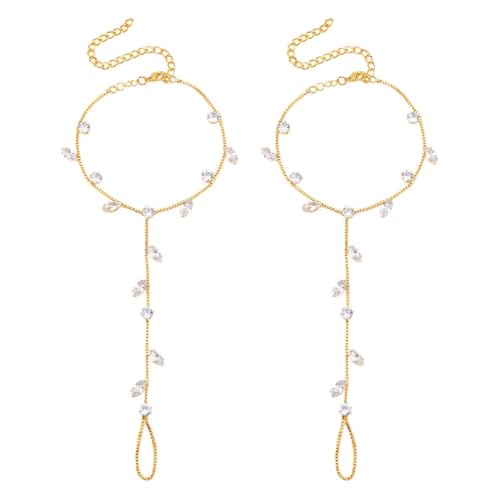 AHANDMAKER 2 Stück Barfußsandalen Mit Strasssteinen Goldene Fußkette Mit Strass Zehenring Knöchel Armband Aus Legierung Mit Kristallen Und Blatt Fußschmuck Braut Fußkette Mit Strasssteinen Schmuck von AHANDMAKER