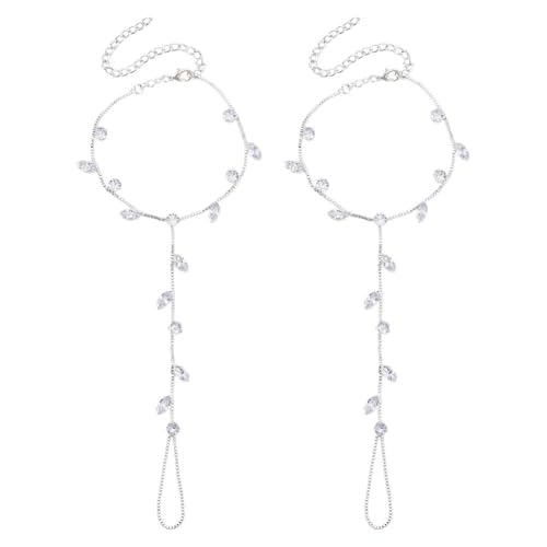 AHANDMAKER 2 Stück Barfußsandalen Mit Strasssteinen Silberne Fußkette Mit Zehenring Aus Strass Knöchel Armband Aus Legierung Mit Kristallen Und Blatt Fußschmuck Braut Fußkette Mit Strasssteinen von AHANDMAKER
