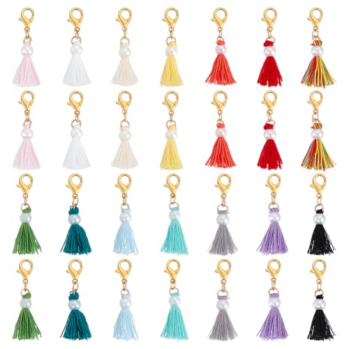 AHANDMAKER 28 Stück 14 Farben Mini Quaste Mit Karabinerverschluss 28 x Bastelquaste Mit Kunstperle. Clip On Charm Für Armbänder Schmuckherstellung Schlüsselanhänger von AHANDMAKER