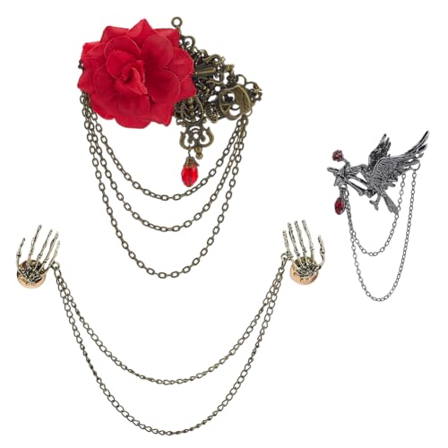 AHANDMAKER 3 Stück 3 Stile Vintage Totenkopf Rose Quaste Kette Pin Brosche Punk Gothic Ghost Claw Anstecknadeln Crow Palm Hip Hop Gothic Broschen Für Frauen Männer Anzug Mantel von AHANDMAKER