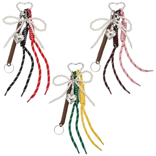AHANDMAKER 3 Stück Bunt Gewebte Seile Schlüsselanhänger Clip Tasche Charms 3 Farben Perle Bowknot Perlen Schlüsselanhänger Silber Herz Anhänger Für Geldbörse Rucksack Telefon Zubehör 245mm von AHANDMAKER