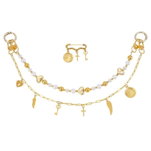 AHANDMAKER 3in 1 goldene Taschenanhänger Runde Perlenkette Aus Acryl Kreuzanhänger Aus Messing Taschenkette Metallbrosche Geldbörsen Charm Ketten Für Die Dekoration von Handtaschen Und Geldbörsen von AHANDMAKER