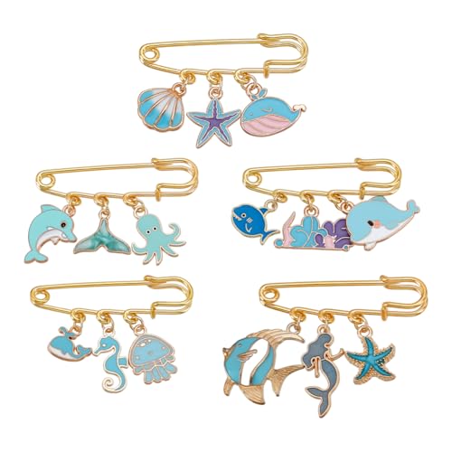 AHANDMAKER 5 Set Sicherheitsnadelbroschen Mit Ozean Motiv Hosen Taillenspanner Clips Aus Emaille Legierung Seestern Delfin Muschel Krake Qualle Meerjungfrau Pins Für Kleidung Und Kleid von AHANDMAKER