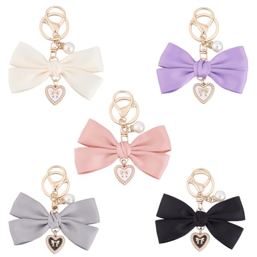 AHANDMAKER 5 x Schlüsselanhänger Mit Perlenschleife Für Damen 5 Farben Herz Niedlich Schleife Schlüsselanhänger Bowknot Tasche Charme Für Autoschlüssel Geldbörse Rucksack von AHANDMAKER