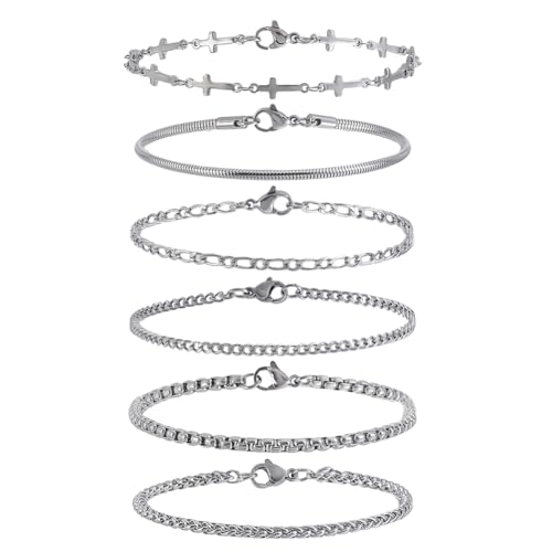 AHANDMAKER 6 Stile Edelstahl Kettenarmbänder 7.7 8.5 Zoll Schlangenbox Weizen Figaro Panzerkettenarmband Sets Mit Karabinerverschlüssen Für Damen Und Herren von AHANDMAKER