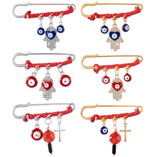 AHANDMAKER 6 Stück Hamsa Schutz Charm Anstecknadel Für Viel Glück Evil Eye Schmuck Brosche Pins Schmuck Rote Schnur Amulett Für Männer Frauen Schal Hijab Kragen Kleidung von AHANDMAKER