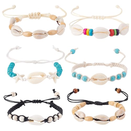 AHANDMAKER 6 Stück Muschelarmbänder Fußkettchen Set Natürliche Türkis Kauri Perlen Muscheln Knöchelschmuck Boho Verstellbare Seestern Fußkette Ozean Hawaii Strandpartys von AHANDMAKER