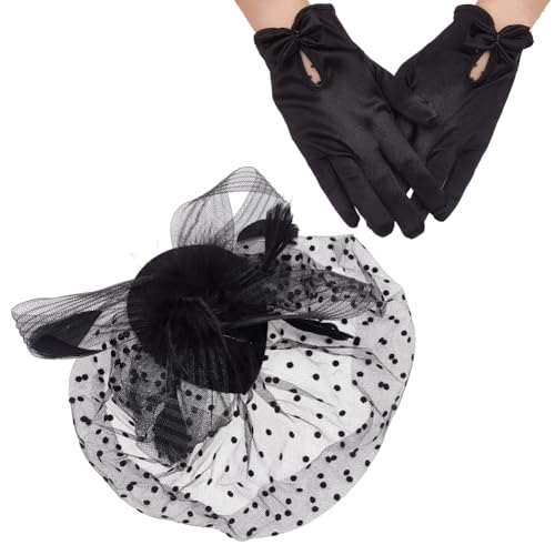 AHANDMAKER Fascinator Hut 50s Vintage Hut Für Frauen Teeparty Cocktail Teeparty Federn Schleier Netz Stirnband Federschleier Haarspange Kurze Handschuhe, Schwarz von AHANDMAKER