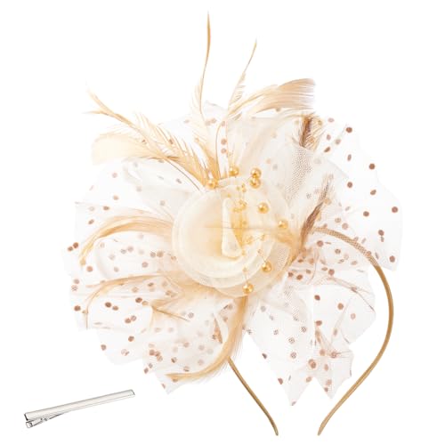 AHANDMAKER Fascinator Hut Für Damen Fascinator Hüte Mit Federn Und Blumenmuster Fascinator Mesh Schleier Stirnband Tea Party Hut Für Hochzeitsfeiern Peachpuff von AHANDMAKER