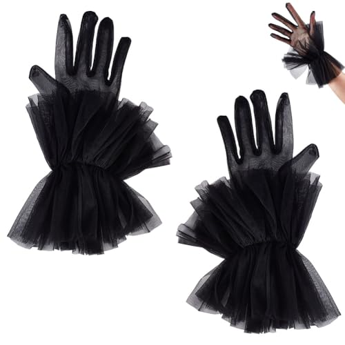 AHANDMAKER Kurze Rüschenhandschuhe Aus Tüll Für Damen Mesh Handschuhe Für Hochzeit Abend Oper Teeparty Abschlussball Handschuhe Kostüm Zubehör Für Die Braut Schwarz von AHANDMAKER