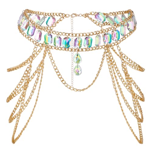 AHANDMAKER Punk Harness Bauchkette Sexy Bauch Taille Kette Strass Cup Ketten Gürtel Quaste Schulterketten Braut Hochzeit Hintergrund Halskette Körperkette Für Frauen Und Mädchen, Golden von AHANDMAKER