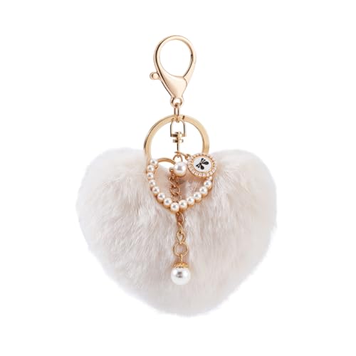 AHANDMAKER Schlüsselanhänger Mit Herz Pom Pom Weißer Flauschball Schlüsselanhänger Für Frauen Süßer Flauschiger Schlüsselanhänger Zubehör Für Selbstgemachte Geschenke Taschendekoration von AHANDMAKER