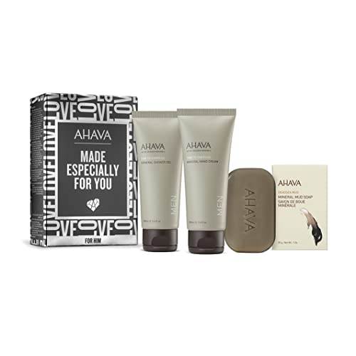 AHAVA Cleansing & Moisturizing Kit For HIM Speziell für Sie hergestellt - Energiespendendes Mineralduschgel, Handcreme und Mineralschlammseife im Bündel - Hautpflegelösung als Geschenk für Männe von AHAVA