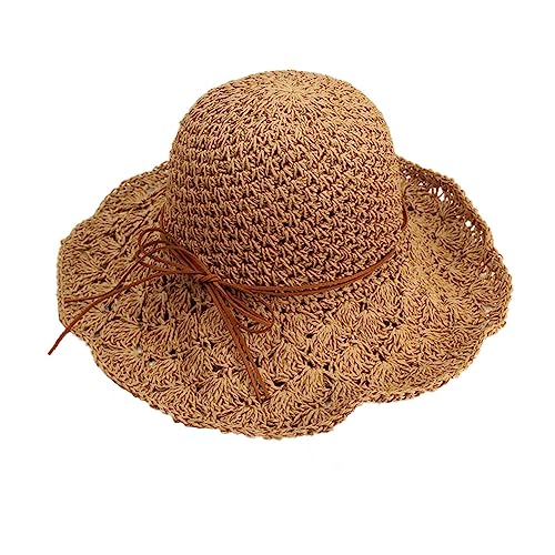 AHDMR Damen Mädchen Capeline Sommer faltbar Strohhut für Strand Reise Urlaub Shopping Eleganter Hut mit breiter Krempe UPF 50+ UV-Schutz Bob Freizeit Sonnenhut aufrollbar, kaki, One size von AHDMR