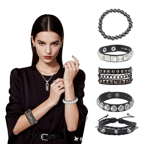 5 Stück Punk Leder Armband Set – Verstellbare Gothic Armbänder mit Nieten & Perlen für Damen & Herren | Y2K Accessoires, Grunge Emo Style, Rock & Halloween Party Schmuck von AHEJIOO