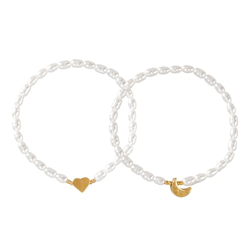 AHEJIOO 2 Stück Perlenarmband, Damen Armband, Goldene Perlen Armbänder Mit Herz Und Mond Anhänger,Kette aus Vergoldetem Edelstahl, Eleganter Alltagsschmuck Als Kreatives Geschenk Für Frauen von AHEJIOO