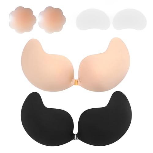 AHEJIOO 2 Stück Klebe BH Push Up Mit 2 Paar Nippelpad, Unsichtbar Und Wiederverwendbar, Silikon Haut Freundlich, Für Kleine Brüste Brautkleid Damen Rückenfreies Kleid, Geeignet Für B Cup von AHEJIOO