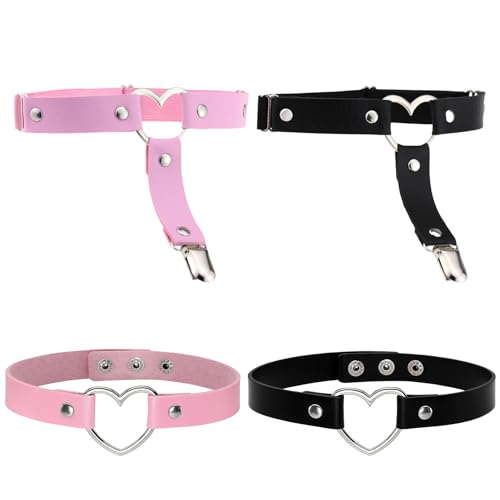 AHEJIOO Femboy Liebesaccessoires Set, 4 Stück Gothic Punk Choker Und Thigh Highs, Verstellbare Halsbänder Und Beinringe, Perfekt Für Cosplay, Partys Und Tägliche Mode, Leder Bein Strumpfband Damen von AHEJIOO