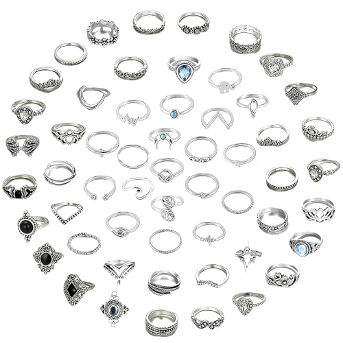 Vintage Punk Ringe Set Für Männer Frauen, Ringe Silber, 56-Teiliges Set Für Männer Und Frauen, Stapelbare Gothic Punk Schmuckringe, Vielseitiges Accessoire Für Täglichen Stil Und Besondere Anlässe von AHEJIOO