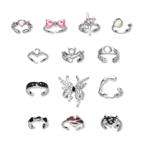 AHEJIOO Y2k Ringe, 13 Stück Verstellbare Ringe Für Frauen Und Mädchen, Trendiges Schmuckset Für Fashion Stacking Und Stressabbau von AHEJIOO